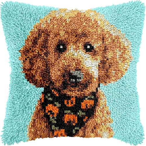 DIY Latch Hook Pillow Kits for Adults Poodle Dog Pillow Cover with Preprinted Throw Pillowcase Crochet Yarns Embroidery Latch Hooking Cushion for Home Decor 17x17inch(l220)