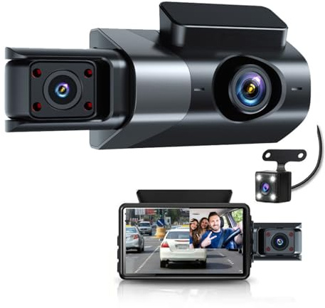 3-kanals Dash Cam och Bak Insida, 1080P HD Dash Camera för Bilar, Triple Car Camera med 3-tums Skärm, NightVision, 170° Vidvinkel, G-sensor, Loop-inspelning