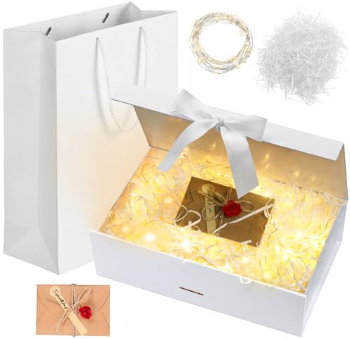 Idota Geschenkbox mit Deckel, Geschenkschachtel Weiß, Geschenkkarton L | Mit Schleife, Tasche, Farbband, Licht, Raffia, Grußkarten,Geschenkboxen für Hochzeit Geburtstag Weihnachten Jubiläum (Weiß L)