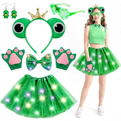 TaimeiMao 8 Stück Frosch Kostüm Damen Set,Froschkönig Kostüm Erwachsene | Frosch Kostüm mit Frosch Haarreif,Ohrringe,Herzbrille Herz,Fliege,Handschuhe,Chiffon kurzen Rock für Damen Mädchen Karnevals