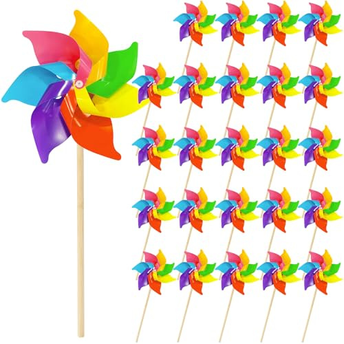 25 Pcs Rainbow Flower Pinwheels Non-Assembled Plastic Colorful Windmills with Wood Sticks for Lawn Patio Garden Picnic Party Yard Decoration