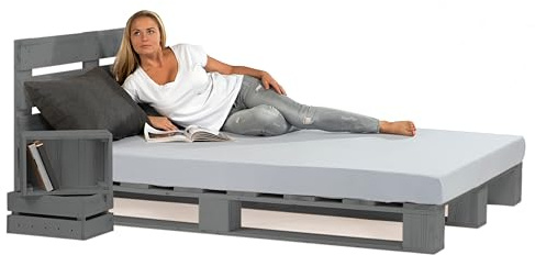 Lermowood Palettenbett M1 aus Holz 140 x 200 cm Grau mit Kopfteil Holzbett 20cm Stabiles Seniorenbett Kinderbett Jugendbett Gästebett erhöhtes Einzelbett Bettgestell Futonbett Komforthöhe Naturholz