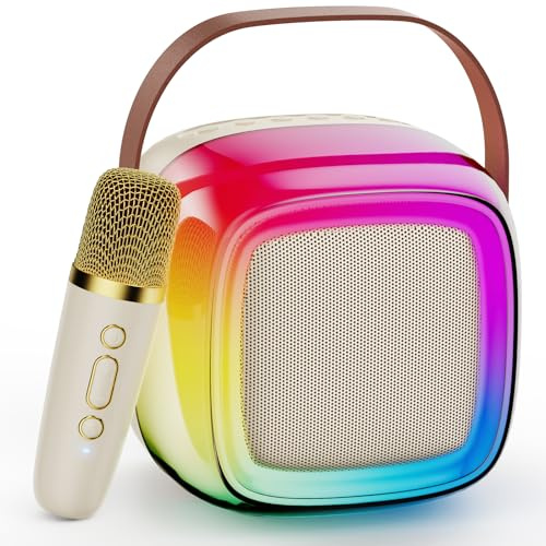 JYX Karaoke Machine for Kids Adults, Portable Bluetooth Speaker with 2 Microphones, Support TF/AUX Input/Funny Magic Voice, Great Gifts for Birthday Party Boys Girls (D32-White-1 Mic)