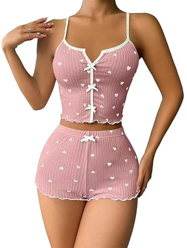 GIVTULIP Women's Pyjamas Shorts Set Summer Sleeveless Tank Top and Shorts Soft Cotton Pj Sets with Heart Print Elegant Crop Top Nightwear with Drawstring Camisole Loungwear Sleepwear Pink