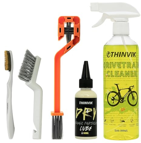 Thinvik Bike Lube and Cleaner Set with 500ml Chain Cleaner, 60ml Dry Lubricant and 4 Brush Tools for Cleaning Chains, Chainrings, Freewheel/Cassette(Dry Lube)