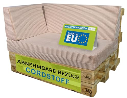 Pillows24 Palettenkissen 3er Set aus Cord, Abnehmbarer Bezug | Sitzkissen & Rückenkissen für Europaletten 120x80, Weiche Palettenauflage für Haus, Garten, Balkon, Made in EU, Rosa