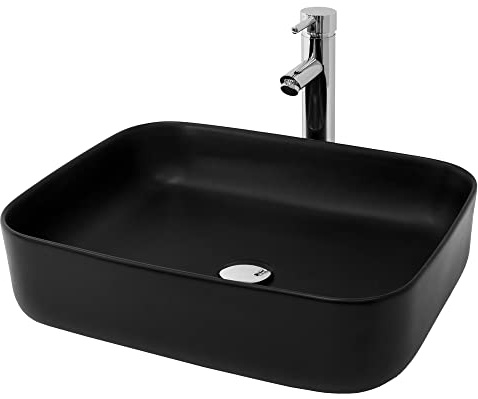 LuxeBath Waschbecken Keramik 510x405x135 mm, Schwarz, Aufsatzwaschbecken für Badezimmer und Gäste-WC, Rechteckiges Aufsatzbecken in modernem Design, Waschtisch Waschschale Waschplatz Handwaschbecken