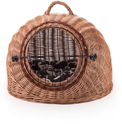 Wiklinowy Świat - Katzen Transportkorb mit Kissen – Weiden Haustierkorb für Katzen & kleine Hunde – gemütliches Liegekörbchen für Zuhause & Reisen - 60x46x50cm - Kissen braun mit Schnörkelmuster