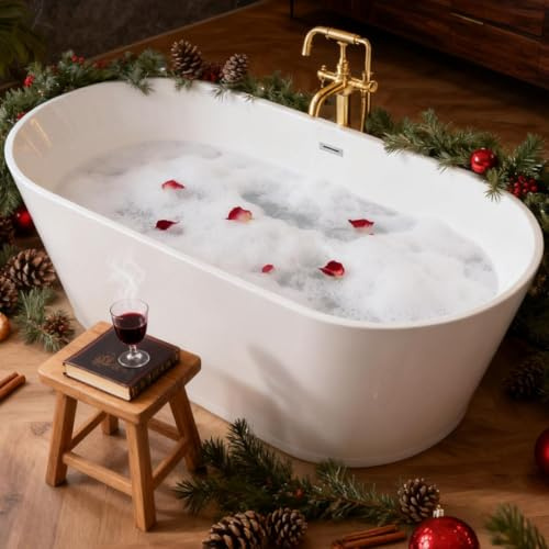 55 Oval Freestanding Soaking Bathtub with Toe-Tap Chrome Drain, Stand Alone Tub, Acrylic Soaking Tub, Ergonomic (Gloss White, 55)