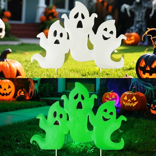 YiYa Halloween Deko Outdoor Metall Weißes Geist Dekoration für Außenhof - Horror Gartendeko Schilder mit Pfählen für Drinnen und Draußen, Hof, Rasen (Nachtlicht)