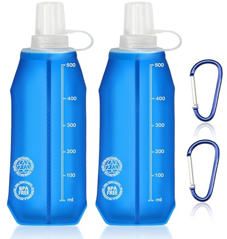 SXTDKMJ Faltbare Trinkflasche 500ml, 2 Stück Soft Flask mit Karabiner Laufflasche Joggen TPU Trinkbeutel Wiederverwendbare für Trinkrucksack Fahrrad Wandern Joggen Camping Klettern
