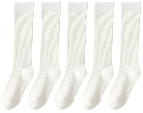 YIZITU 5 paia di calzini in cotone tinta unita al ginocchio per le donne in morbido tessuto a coste calze a maglia per scuola e abiti casual calze universitarie, bianco, Taglia unica