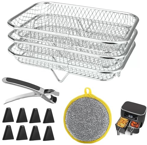 Rthynti 3 Layer Air Fryer Rack for Ninja Dual AF300UK AF400UK, Stainless Steel Stackable Airfryer Accessories, Rectangular Air Fryer Basket with 8 Silicone Feet 1 Sponge Scrubber 1 Kitchen Tongs