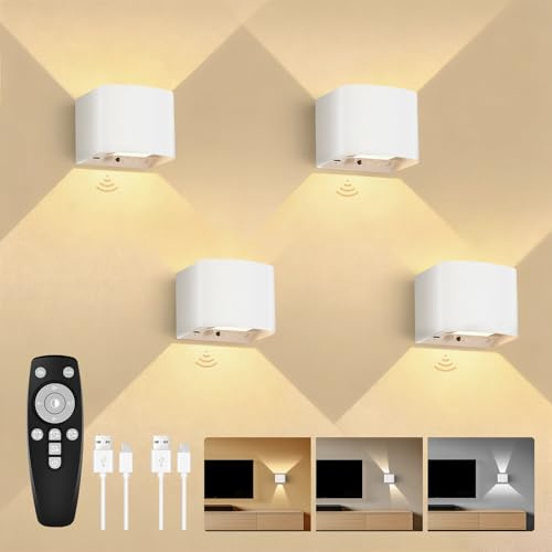 GeyouLux 5000mAh Akku Wandleuchte Innen mit Bewegungsmelder & Fernbedienung | Wandlampe Einstellbar Abstrahlwinkel, 3 Modi 2700K-6500K Dimmbar Timer LED Aufladbare Wandleuchte für Treppe Flur 4 Stück