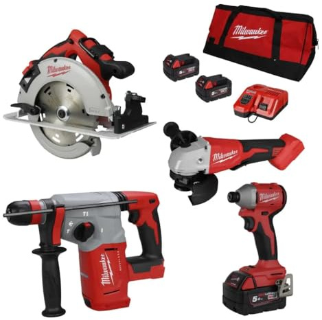 Milwaukee M18BLPP4A2-503B 18V Brushless Cordless Tools Set – 4-Piece, 3 x 5.0Ah Batteries + Charger + Bag