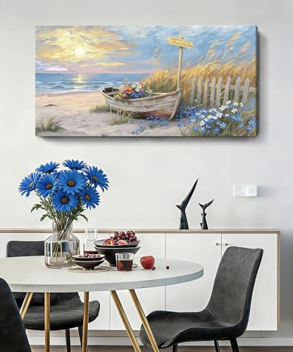 CTHEART Seaside Wall Decorations, Sunsets, Beach, Sailboat Natural Landscape Paintings, Blue and Yellow Artwork, Floral Prints, for Living Room, Bedroom, and Bathroom, 48X24