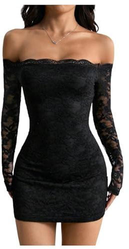 GORGLITTER Women's Off The Shoulder Lace Slimming Dress Sheer Long Sleeve Mini Sexy Night Out Dresses
