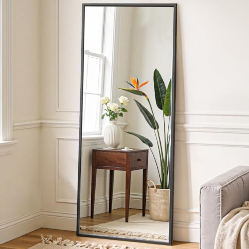 NEWBULIG Full Length Mirror 59.2x16 for Bedroom, Full Body Mirror with Stand, Hanging or Leaning for Wall, Aluminum Alloy Thin Frame Floor Standing for Living Room, Long, Black