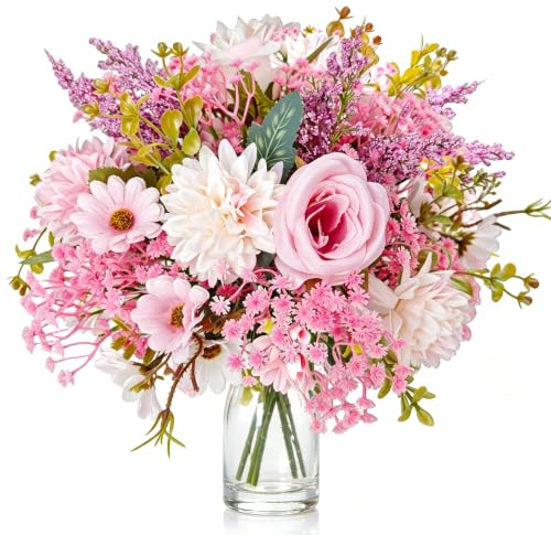 22 Pcs Kunstblumen Wie Echt Rosa TischDeko FrüHling Hortensien Kunstblumen | Blumenstrauß Schleierkraut KüNstlich Seidenblumen Künstliche Rosen Pflanzen Wohnzimmer Zimmerdeko Hochzeit Partei Geschenk