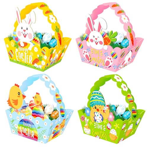Femihua 12 Pcs Easter Egg Hunt Basket, Spring Easter Egg Hunt Favour Holders, Bunny Chicken Craft Basket, Handmade Eggs Box, DIY Arts Crafts for Kids Party Supply (Bule Green Yellow Pink)