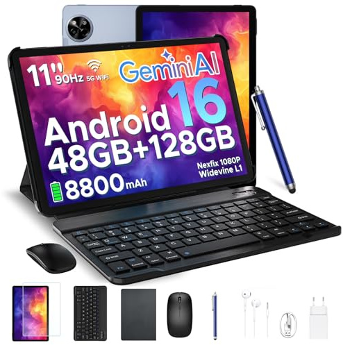 P11 Android 16 Tablet 11 Pulgadas, 48GB RAM + 128GB ROM/2TB TF, 120Hz, T7250 Octa-Core, 8800mAh, 13MP+5MP, Gemini AI, Widevine L1, Face ID, GPS, OTG, Doble altavoz, Tablet con Teclado y Lápiz, Gris