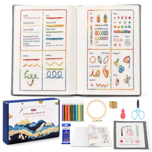 Lonimia Juego de libros de patrones de bordado para principiantes, juego completo de bordado con agujas, hilos y marco de bordado, patrón de lino predibujado + instrucciones, kit de bordado portátil