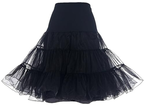 DRESSTELLS 50s Petticoat Skirts, Women Vintage Tulle Crinoline Underskirt, Pinup Rockabilly Tea Length Puffy Tutu Skirt Half Slip 2026 Black S