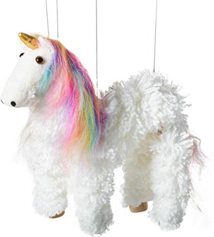 Artisan Owl Rainbow Mane Magical Unicorn Marionette Puppet - Wooden Feet and Detachable Strings (White)