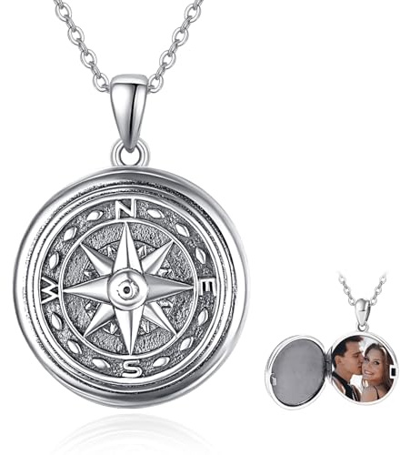 Collier médaillon en argent sterling avec boussole pour photo, médaillon souvenir pour femmes, hommes, filles – Chaîne en argent de 45,7 cm + 5,1 cm, Argent sterling