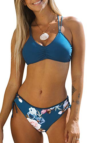 Cupshe Bikiniset för kvinnor med flätade band baktill, randiga badkläder, vändbara trosor, tvådelad baddräkt, Marinblå, XS