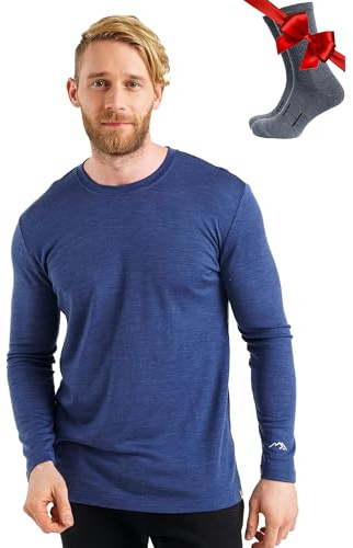 100% Merino Unterwäsche Herren - Merino Langarmshirt Herren Atmungsaktiv Und Feuchtigkeitsableitend + Wollsocken (165 Indigo Night, Medium)