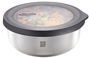GEFU Frischhaltedose PROVIDO 1.000 ml, rund, Edelstahl Vorratsdose | Luftdichte Aufbewahrungsbox, Mikrowellengeeignet, Tiefkühldose bis -20°C, Ofenfest bis 300°C, App-Vorratskontrolle