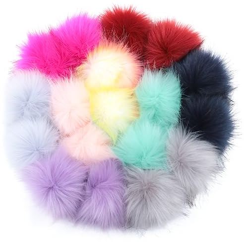 Woyejo Lot de 18 pompons en fourrure synthétique avec boucle élastique, pompons duveteux DIY 10 cm, pour bonnet, écharpes, sac, accessoires (plusieurs couleurs, 18 pièces)