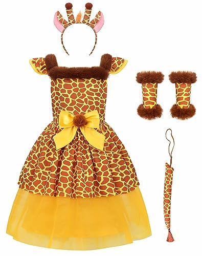ReliBeauty Giraffe Costume Kids Jungle Party Animal Costume Girls Halloween Animal Fancy Dress with Tail,8/140