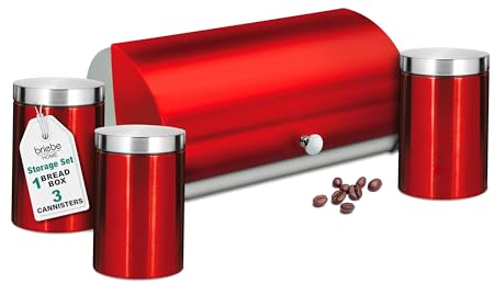 briebe Ensemble Boîte à Pain + 3 Boîtes de Cuisine Acier Inoxydable, Conteneur pour Conserver le Pain et les Pâtisseries, Couvercle Coulissant, Bread Box, Rouge/Inox