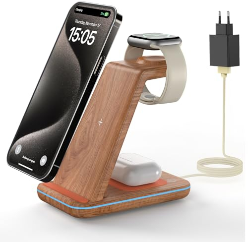GEEKERA Station de Charge pour Apple, Chargeur Induction 3 en 1 pour iPhone Air/17/16/15/14/13/12/11/XS/8, Support Chargeur pour Apple Watch Ultra/11-2/SE, Chargeur sans Fil pour AirPods Pro-2, Bois