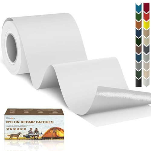 Cahomo Nylon Reparatur Patches, 7.6x200 cm Selbstklebender Wasserdichte Reparatur Patch, Daunenjacke Flicken Reparaturset，Nylon Flicken Selbstklebend, für Jacken, Zelte, Daunenjacke-Weiß