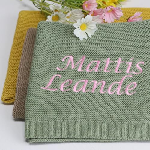 SCHUANGZHAN Personalisierte Strickdecke für Babys, mit Namen, Babydecke, bestickt, für Neugeborene, Baumwolle, gestrickt, Blan