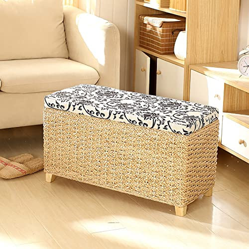 Ottomane aus natürlichem Rattan, handgewebt, Landhausstil, Bank mit Organizer für Wohnzimmer und Schlafzimmer, 80 x 30 x 40 cm