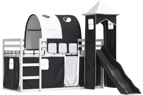 vidaXL Etagenbett, Stockbett mit Rutsche Gardinen, Kinderbett mit Rausfallschutz Lattenrost, Spielbett Bett ohne Matratze, Weiß Schwarz 90x200cm