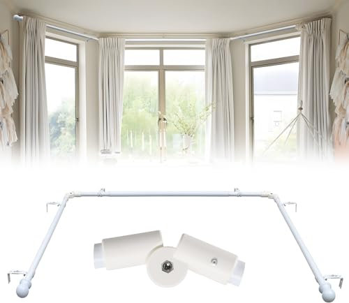 Bay Window Curtain Poles, Curved Curtain Pole for Windows 76 to 460 cm 2 Elbows Included, 25 mm Diameter Heavy-Duty White Curtain Rod 3 Sided for Bedroom, Living Room Curtain Rods for Corner Windows