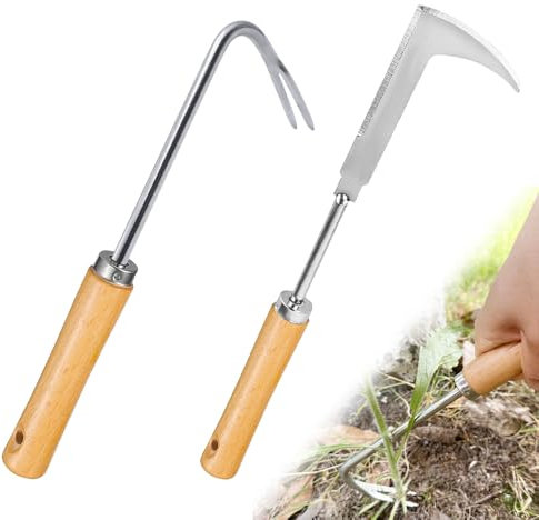 mizikuu 2 Pezzi Estirpatore Erbacce Manuale, Sarchiatrice Manuale in Acciaio Inox con Manico Ergonomico in Legno Naturale Sarchiatore per Erbacce per Rimuovere Muschio Ed Erbacce