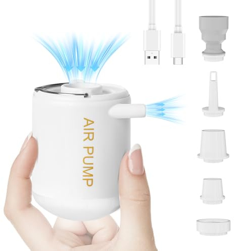 Elektrisk luftpump för luftmadrass, 2 000 mAh, uppladdningsbar miniluftpump, elektrisk för uppblåsartiklar/tömning/LED-ljus med 5 munstycken, campingpump för luftsäng, luftmadrass, simring