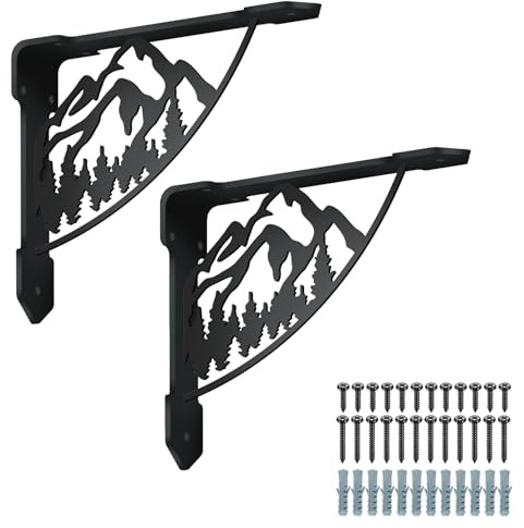 SUPERDANT 2Pcs Equerre Etagere Murale Mountain And Forests Équerre de Fixation Robuste Support Etagere en Fer Noir Étagère à Livres Corbeaux de Cheminée Equerre Etagere en Métal 21x17.2cm