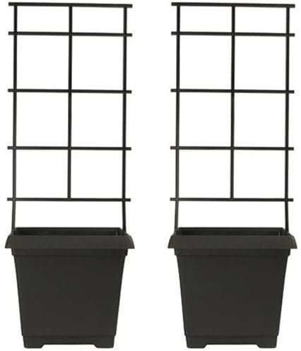 Siam Express Black Leonardo Square Plastic Planter with Removeable Trellis Frame - 9.7 Litre Plant Pot for Climbing Plants, Support for Sweet Pea, Runner Bean, Tomatoes (Set of 2)