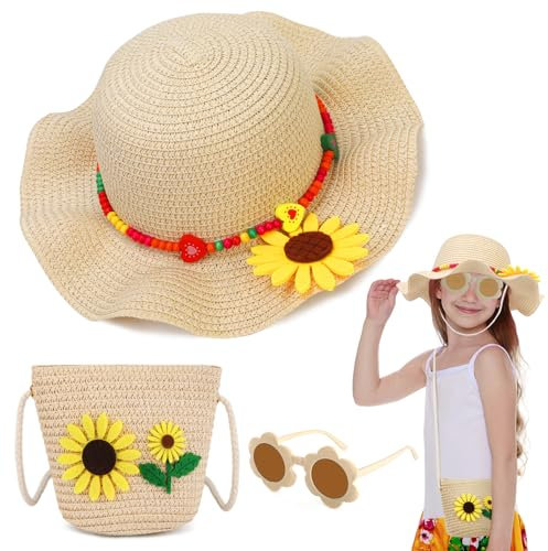 BTHRORO Sonnenhut Kinder Stroh Tasche, Mädchen Strohhut Set mit Sonnenbrille, Sommerhut Umhängetasche Mädchen Strohhüte mit Blumendekoration Sommer Strandhut Sonnenhüte