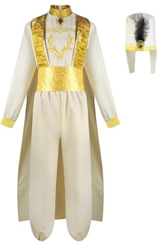 ZBH1985 Deluxe Arabischer Prinz Aladdin Cosplay Kostüm Langarm Weiß Gold Kleid mit Kopfbedeckung Performance Outfit