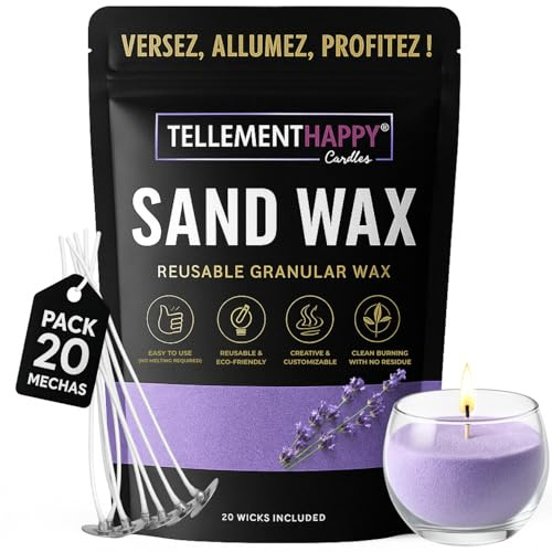 TellementHappy | Cera per Candele in Sabbia 1kg 20 Stoppini Profumo Lavanda Sand Wax Ecologica e Riutilizzabile | Facile Creazione | Granelli di Cera Vegetale | Perfetto per DIY Candele Artigianali