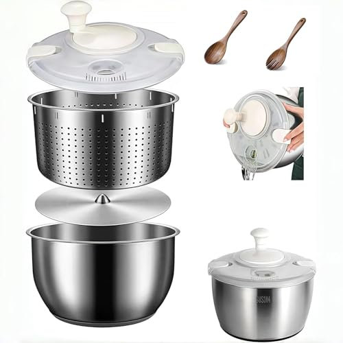 6L Stainless Steel Salad Spinner – Best Rated Vegetable Spinner, Fruit Washer & Lettuce Dehydrator, Multifunctional BPA-Free Manual Salad Maker for Home or Commercial Kitchen,Stainless Steel 6L