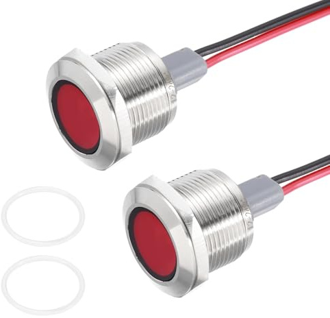 PATIKIL 2Pcs 19mm(3/4) Indicator Light,12V-24V AC/DC 20mA LED Metal Signal Lamp Waterproof IP67 Flat Head Signal Lights with 205mm(8) Cable for Boat Car,Red